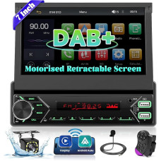 Ohradio DAB/DAB+ 1 DIN-Autoradio mit Elektrischem Pop-up-Bildschirm, 7-Zoll-Touchscreen-Autoradio mit Wireless Carplay & Android Auto, RDS & FM-Radio, SWC, 2USB und Typ-C, Rückfahrkamera + MIC