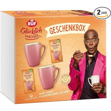 RUF Glücklichmacher Gift Box, 2 Pink Cups & 4 Café Caramel Cream Puddings, Gift Set, Quick Dessert, Gift Idea for Adults & Children