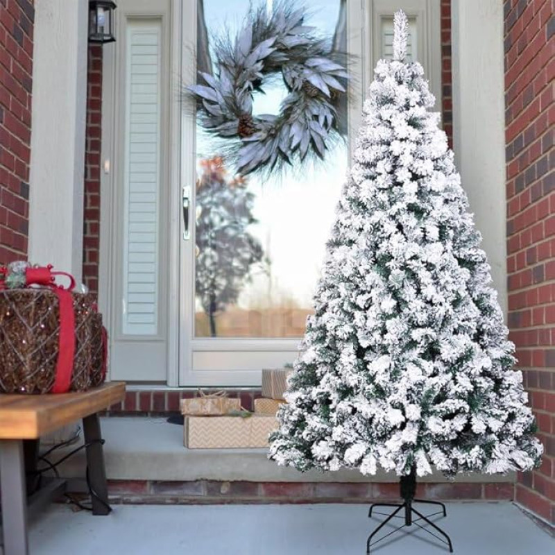 SHATCHI 7ft 7ft Yukon Pine Snow Flocked 800 Tips Snow Covered Bushy Christmas Decoration Metal Stand PVC Artificial Christmas Tree