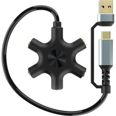 USB A / C į ausinių skirstytuvą, 5 jungčių 3,5 mm garso ausinių skirstytuvas Stereo garso ausinių adapteris, garso ausinių kištukas 5 krypčių 1 vyriškos ir 4 moteriškos lyties skirstytuvas su 3,5 mm stereo kabeliu