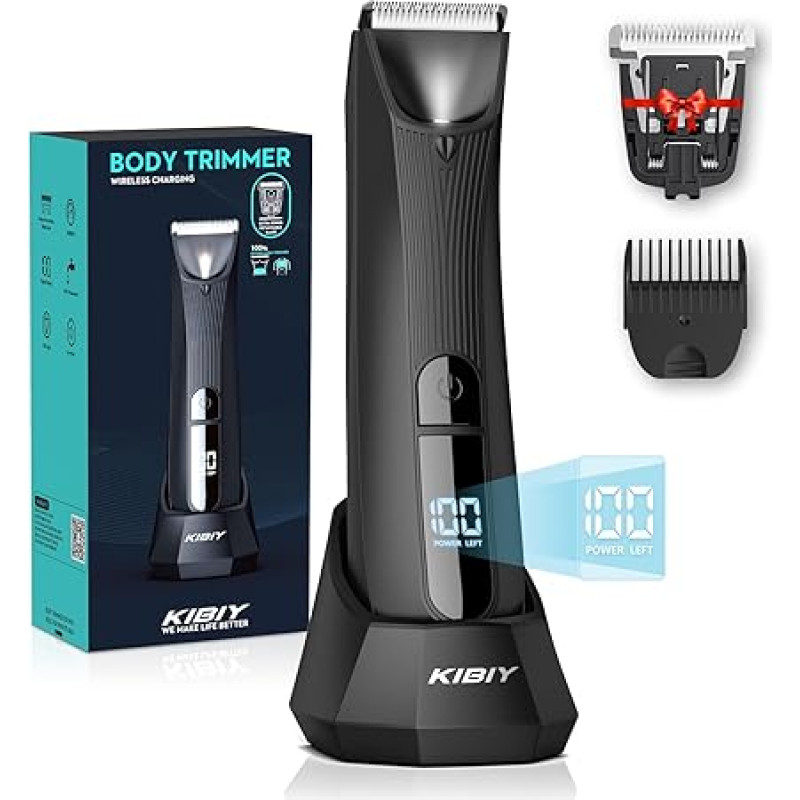 Kibiy Men's Intimate Razor with Replaceable Anti-Cut Ceramic Blade, Professional IPX7 Waterproof Body Hair Trimmer with LED Light, Display and Standing Charging Station