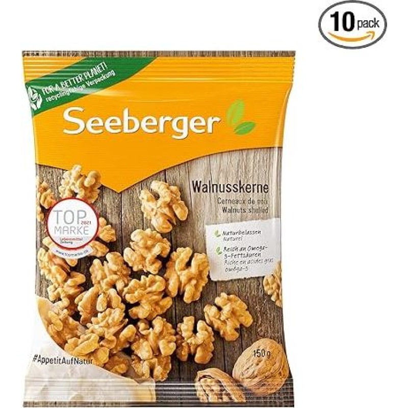 Seeberger Walnut Kernels Pack of 10: Walnuts without Shell - Rich in Omega-3 Fatty Acids - Ideal as a Healthy Snack - No Additives, Vegan (10 x 150 g)