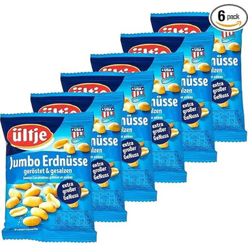 ültje - Pack of 6 Jumbo Peanuts Roasted and Salted in 200 g Pack - Salted Peanut Kernels Extra Large Enjoyment