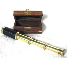 Antik Fernrohr Messing Teleskop ausziehbar auf 25cm mit Leder in Holzbox 8214