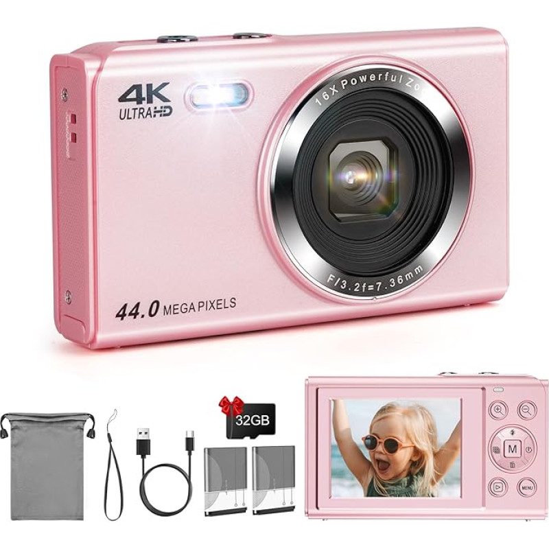 LAMA skaitmeninis fotoaparatas, mini skaitmeniniai fotoaparatai, 4K 44MP fotokamera, automatinio fokusavimo kompaktiškas fotoaparatas, 2,4 colių LCD ekranas, 16 kartų priartinanti blykstė, skaitmeninis fotoaparatas su 32G kortele, 2 baterijos, fotokamera 