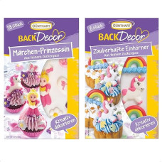 Günthart BackDecor Unicorn and Princess Set, 8 x Unicorn Sugar Figures and 18 Fairy Tales Princess Theme Made of Fine Icing, Pack of 2 (1 x 34 g)