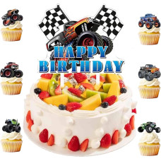 25 dalių Monster Truck Cake Topper Set - Happy Birthday Cake Topper for Boys - Truck Muffin Decorations, Car Cupcake Topper, Birthday Cake Accessories for Kids