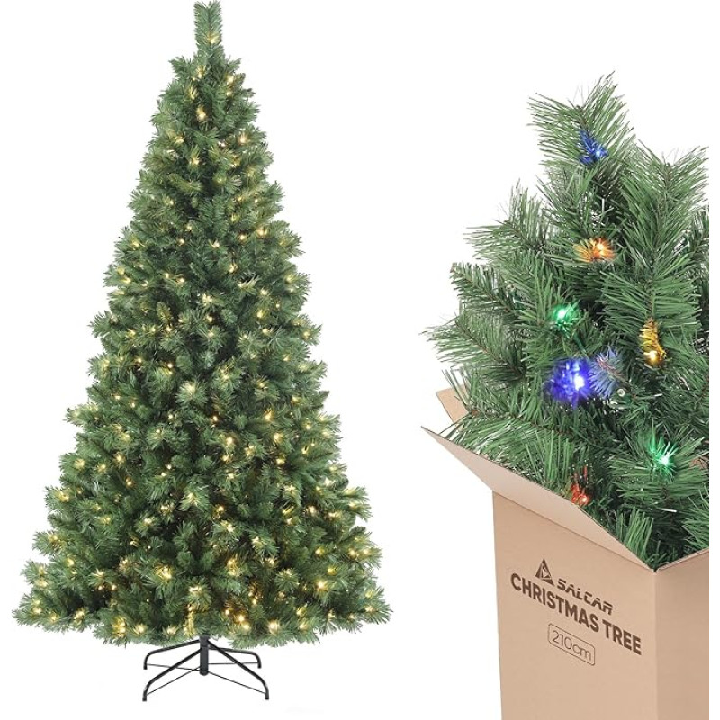 SALCAR Artificial Christmas Tree 2.1 m with Lighting, Nordmann Fir with Warm White and RGB LED Fairy Lights, 9 Modes and Remote Control, PVC Christmas Tree