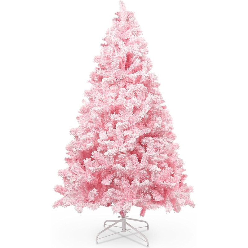 himaly 180 cm / 6 ft Christmas Tree Flocked Pink with Plump Flocked Decoration with Snowflakes, 808 Tips Pine Leaf Leaves Made of PVC and Sturdy Base, Christmas Tree for Christmas Decorations