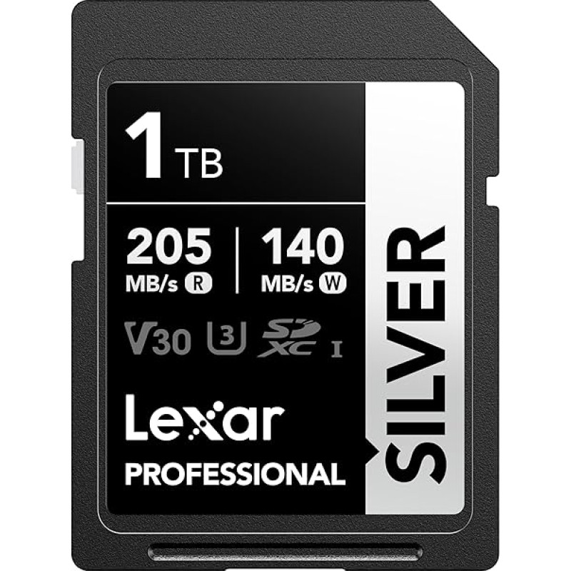 Lexar Silver SD Card 1TB, UHS-I SDXC Card 205 MB/s Read Speed, 140 MB/s Write Speed, V30, U3, C10, 4K UHD Video, SD Card Memory Card with Lexar Lifetime Data Recovery