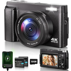 Skaitmeninis fotoaparatas 4K, 48MP 16X automatinio fokusavimo skaitmeninis priartinimo fotoaparatas, 3 colių 180° apverčiamas LCD ekranas HD kompaktiškas Vlog fotoaparatas su įkrovimo stotele, 2 x 800 mAh baterijos, 32GB kortelė pradedantiesiems, vaikams