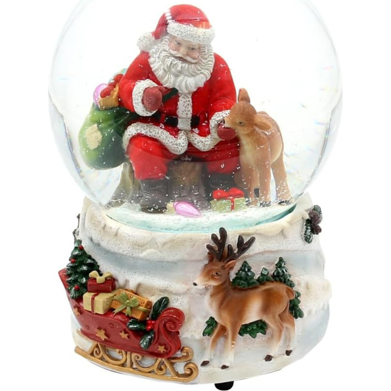 Snow globe sitting Santa Claus with deer on white base, decorated with deer and Christmas sleigh, with musical mechanism, melody white Christmas, L/W/H/Ø ball 10 x 11 x 15 cm, diameter 10 cm.