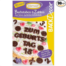 Günthart BackDecor 90 šokoladinių raidžių, abėcėlė ir skaičiai, pagaminti iš švelnaus tamsaus šokolado, valgomi skaičiai, valgomos raidės tortams ir keksiukams, 1 pakuotė (47 g)