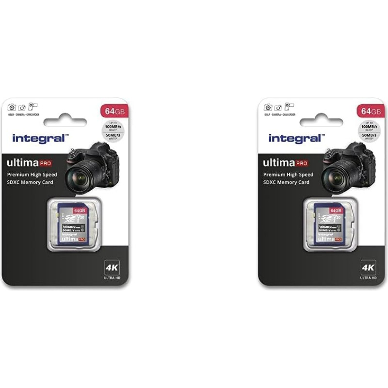 Integral 64GB SD Card 4K Ultra HD Video High Speed SDXC V30 UHS-I U3 Class 10 Memory Card up to 100MB/s, Colour May Vary (Pack of 2)