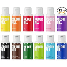 Colour Mill Oil Blend Kickstarter Oil Based Food Colourings - Food Colours: Yellow, Orange, Red, Hot Pink, Baby Pink, Purple, Blac, Chocolate, Forest, Lime, Sky Blue, Royal - Set/12