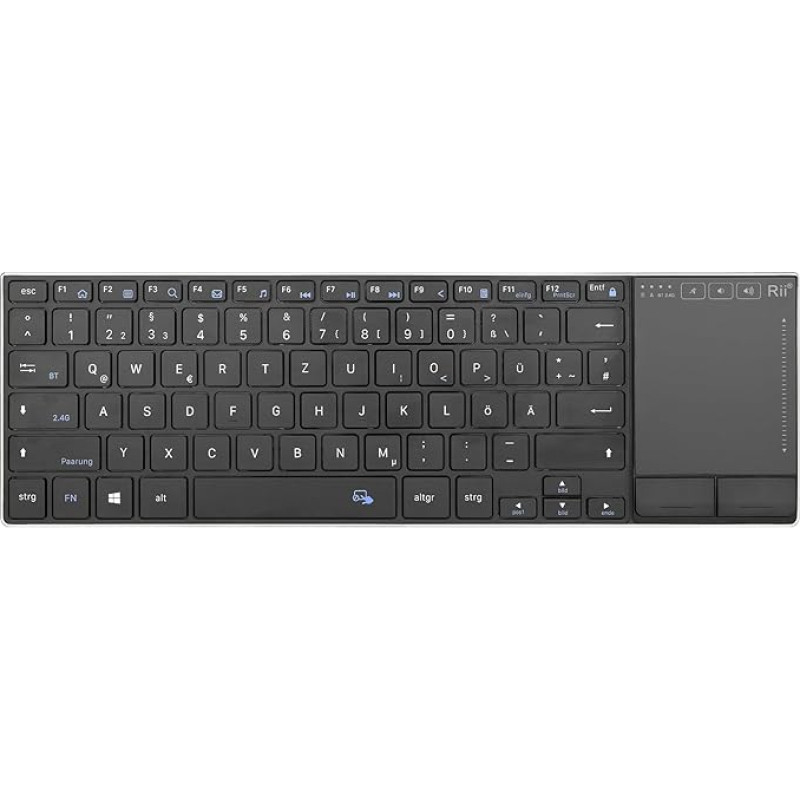 Rii Wireless Keyboard with Touchpad Office, Wireless Keyboard Office, German QWERTZ Layout, Wireless Keyboard Gifts for Laptops, Desktops, Smart TVs, Tablets, Black (2.4G+BT)