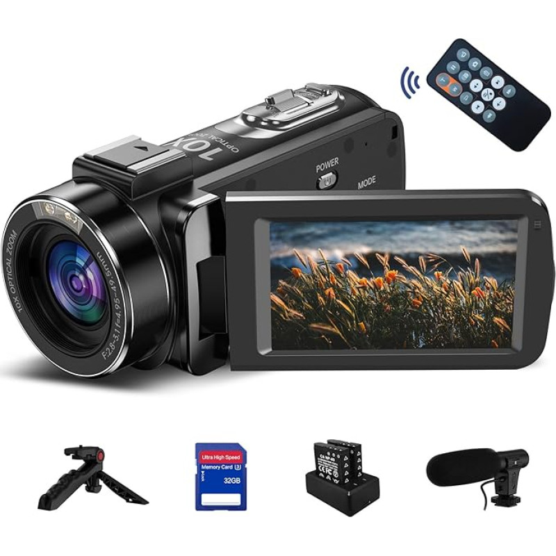 4K vaizdo kamera vaizdo kamera, 10X optinis 120X išmanusis priartinimas, 30MP automatinio fokusavimo internetinė kamera su trikoju, 3,0 colių IPS jutiklinis ekranas, mikrofonas, 32GB SD kortelė, 2 baterijos 