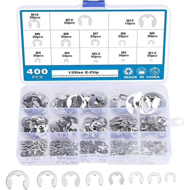 400pcs 13 Size Stainless Steel E-Clip Snap Ring Snap Opening Ring Circlip Kit (1.5/2/2.5/3/4/5/6/7/8/9/10/12/15mm) with Plastic Box