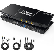 TESmart MST USB 3.0 KVM jungiklis 2 kompiuteriams 2 monitoriams, C tipo 60 W įkrovimas nešiojamajam kompiuteriui, Gigabit Ethernet, EDID, mikrofonas, karštųjų klavišų jungiklis, su HDMI ir DisplayPort 4K@60Hz, 1080P@240Hz, 2K@120Hz