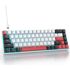 SbocKeeb Žaidimų klaviatūra balta 60 procentų - mini mechaninė klaviatūra 65 procentų mėlynas LED apšvietimas, 68 klavišai Laidinė žaidėjų klaviatūra Amerïka QWERTY su raudonu jungikliu, skirta kompiuteriui / nešiojamajam kompiuteriui GT68-White