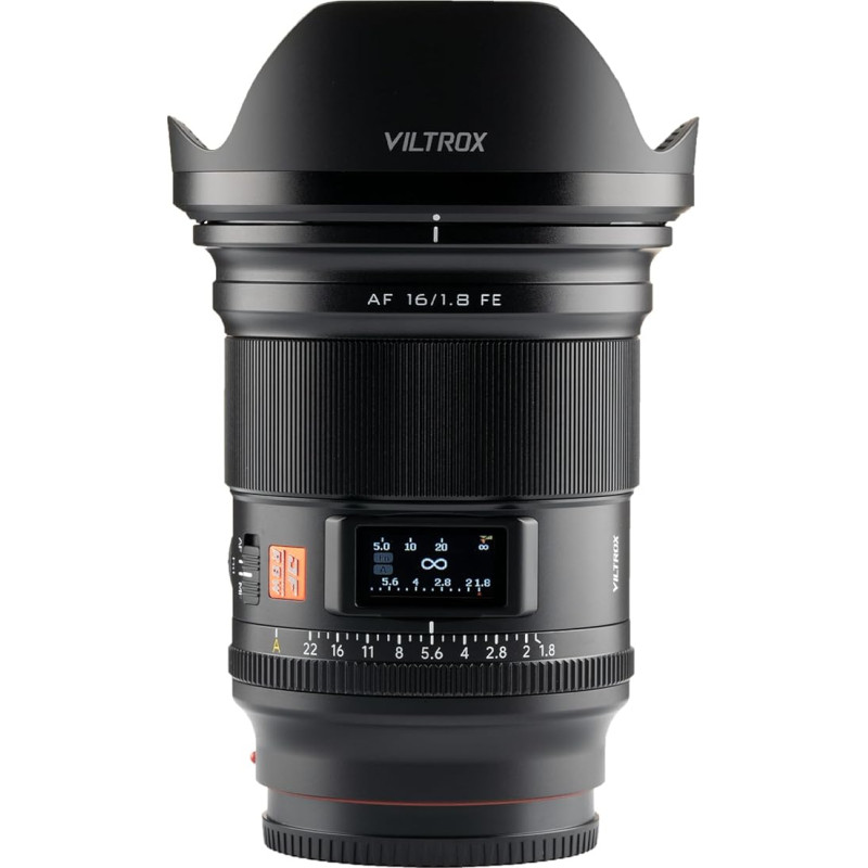 VILTROX AF 16 mm f/1.8 FE pilno kadro objektyvas su plačiakampiu automatiniu fokusavimu ir integruotu LCD ekranu, skirtas 