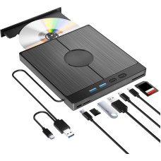 Išorinis CD/DVD įrašymo įrenginys 7 in 1 USB 3.0 C tipo CD/DVD+/-RW DVD įrašymo įrenginys su SD/TF kortelių skaitytuvu Plonas greitas perdavimas Integruotas USB kabelis, skirtas 