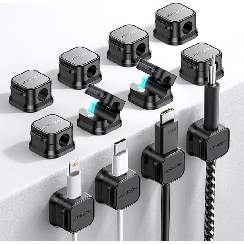 JOYROOM Pack of 12 Cable Holder, Cable Clips, Adjustable Cable Organiser, Magnetic Cable Management, Self-Adhesive Cable Holder for Desk, Bedside, Charging Cables, HDMI, USB, Audio Cable, Black