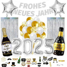 Naujųjų metų išvakarių dekoracijos 2025 XXL, Naujųjų metų dekoracijos, laimingų Naujųjų metų girlianda, 2025 folijos balionas, nuotraukų rekvizitai, blizgučių užuolaida, balionai aukso balta Naujųjų metų išvakarės 2025 Šalies dekoracijos sidabras
