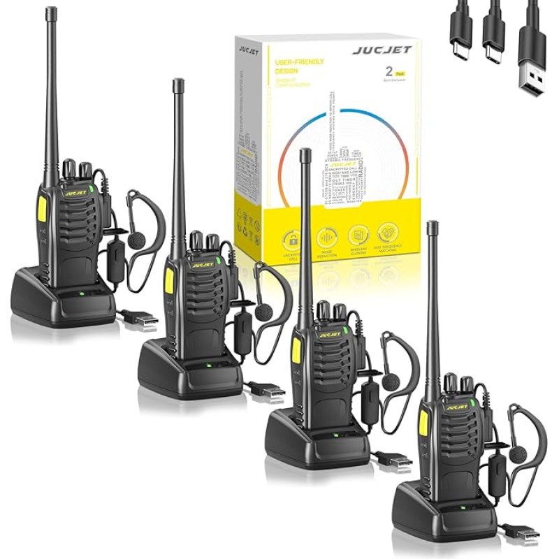 JUCJET (4-Pack) 888HD Two Way Radio Including Original Earbuds, Type-C Data Cable, USB Charging Station, with One-Click Pairing, Voice Noise Reduction and Digital Encryption
