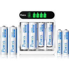 POWXS akumuliatorių įkroviklis 4 skyriai su 4 x AA ir 4 x AAA didelės talpos akumuliatoriais, akumuliatorių įkroviklis su 4 krypčių LCD ekranu ir greitojo įkrovimo funkcija, palaiko USB ir C tipo įvesties akumuliatorių įkroviklį