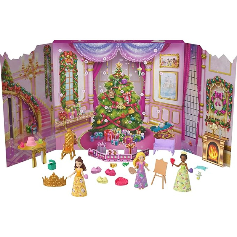 Mattel Disney Princess Doll Advent Calendar with 24 Days of Surprises, Includes 3 Little Dolls, 3 Friends, 6 Fashions and 16 Movie-Inspired Accessories, JFG79