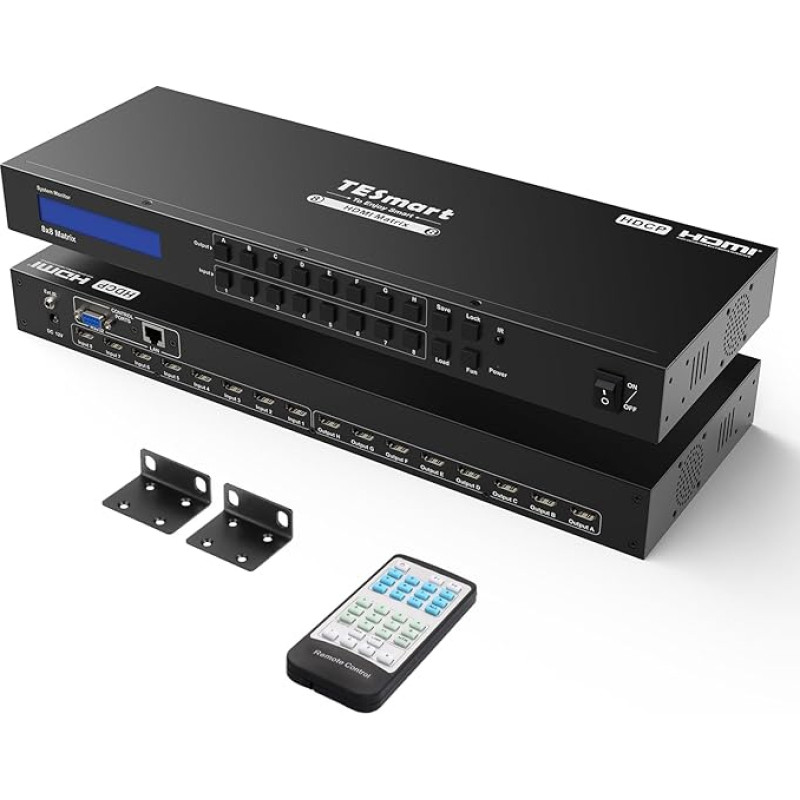 TESmart 8x8 HDMI Matrix Switch 4K @ 30Hz UHD | 8 in 8 Out HDMI Matrix Switcher HDCP 1.4 Supports IR Remote Control, RS-232 & LAN Control, Off Memory Function with 2 Rack Mount Ears, Matte Black