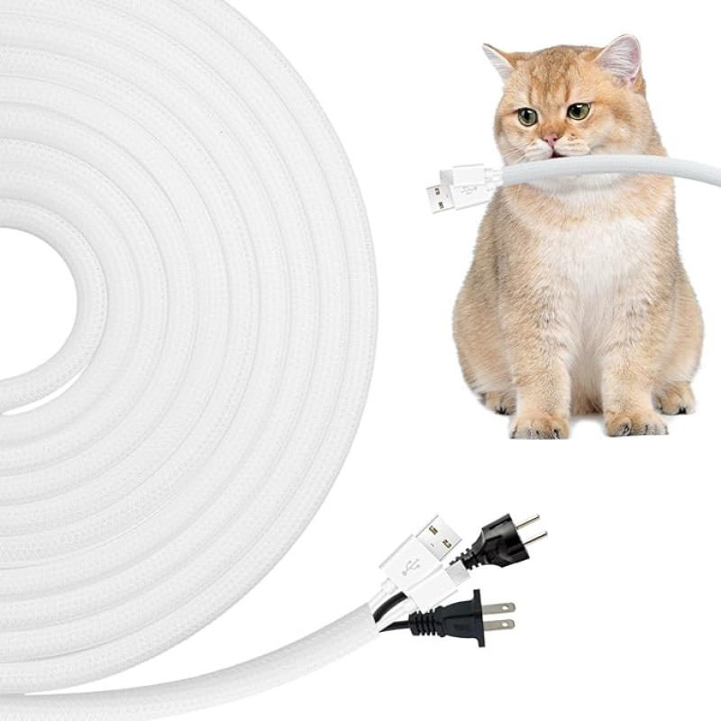 Kabelschutz für Hunde und Katzen, 5 m, Kabelführung für kleine Haustiere, 10 mm, USB-Kabel-Management von Haustieren kauen, erweiterbar, geflochten, Weiß