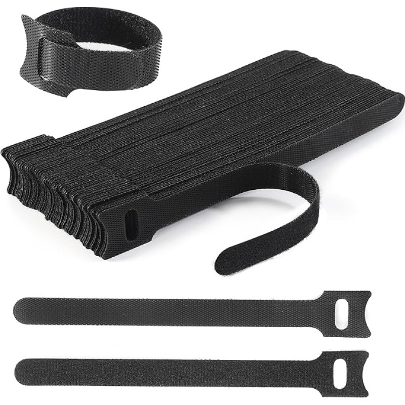 100 x verstellbare wiederverwendbare Kabelbinder, schwarz, wiederverwendbare Befestigungskabelbinder, Klett-Kabelbänder für Kabelmanagement, Kabel-Organizer