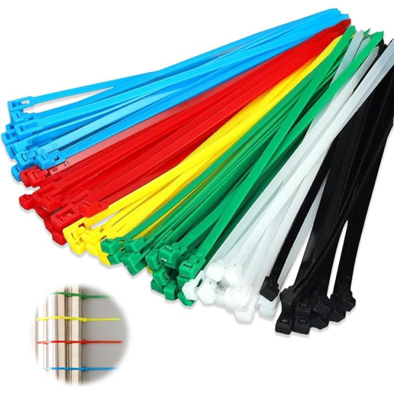 Farbige Kabelbinder, 200 x 5 mm, vidinis kabelių segtukas, nailonas, savadarbis, 6 spalvų, Rot/Gelb/Grün/Blau/Schwarz/Weiß, 100 Stück