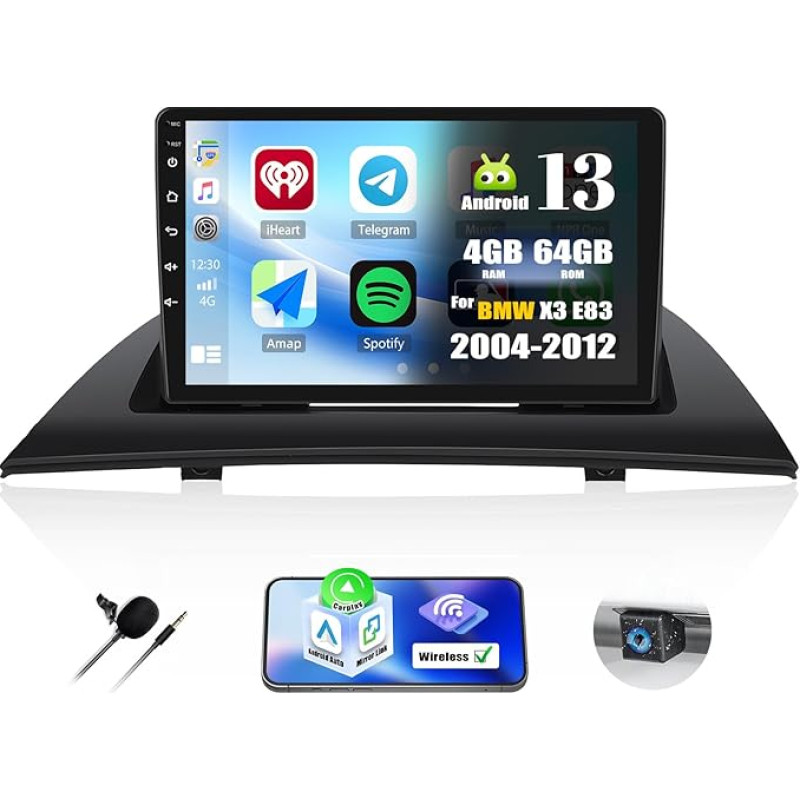 [4G + 64G] Android 13 Car Radio for BMW X3 E83 (2004-2012) with Carplay Android Car, 9 Inch Touchscreen Radio with AI DSP Bluetooth EQ GPS WiFi FM/RDS MirrorLink Split Screen + Reversing Camera & Mic