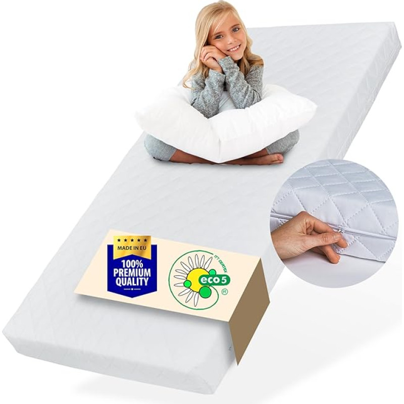 Vaikiškas kolektyvinis čiužinys 140 x 200 cm Kūdikių čiužinys 140 x 200 cm su skalbiamu užvalkalu vaikams 10 cm aukščio dvipusis čiužinys Eco5 sertifikatas vaikiškai lovai Grindų lova Dvigulė lova