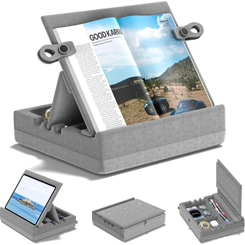 KDD Book Stand with Storage, Multi-Angle View, Reading Stand, Foldable Book Cushion for Lap Bed, Desk, Tablet Holder Bed with Organiser Tray for Book, Tablet, Mobile Phone, E-Reader, Grey