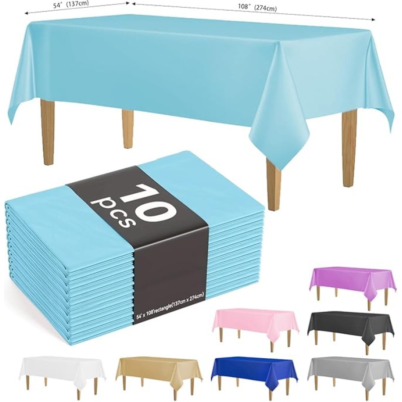 KAshack Plastic Disposable Tablecloth, Pack of 10, 137 x 274 cm, Elastic Outdoor Tablecloth, Waterproof Parties, Beer Table, Tablecloths for Picnic, Wedding, Garden Tablecloth (10, Light Blue, 137 x
