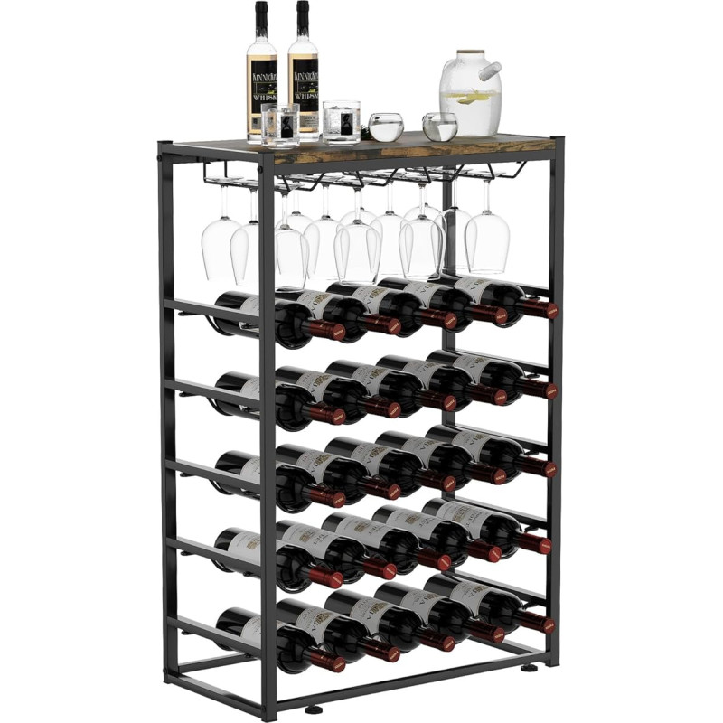Urban Deco Standing Wine Rack with Glass Holder, Bottle Rack for 25 Bottles & 12 Wine Glasses, Wine Rack Metal Black with Wooden Table Top for Kitchen, Bar, Basement, Dining Room, 59 x 30 x 89 cm