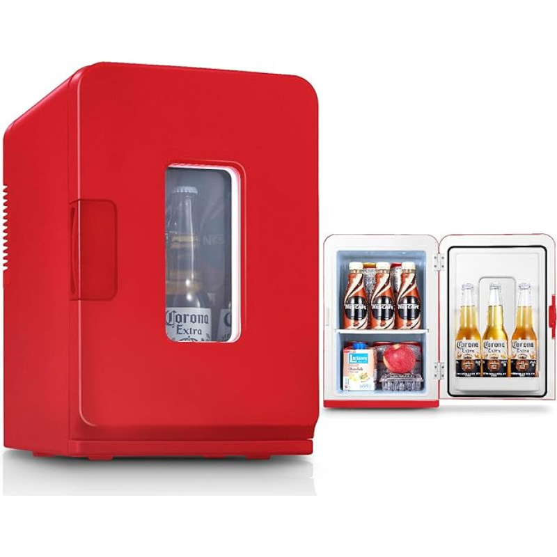 FOHERE 2-in-1 Mini Fridge, 15L Fridge for Room with Cooling and Heating Function, DC/AC for Cars, Offices and Dorm, Eco Low Noise Mode, for Cosmetics and Drinks, Red