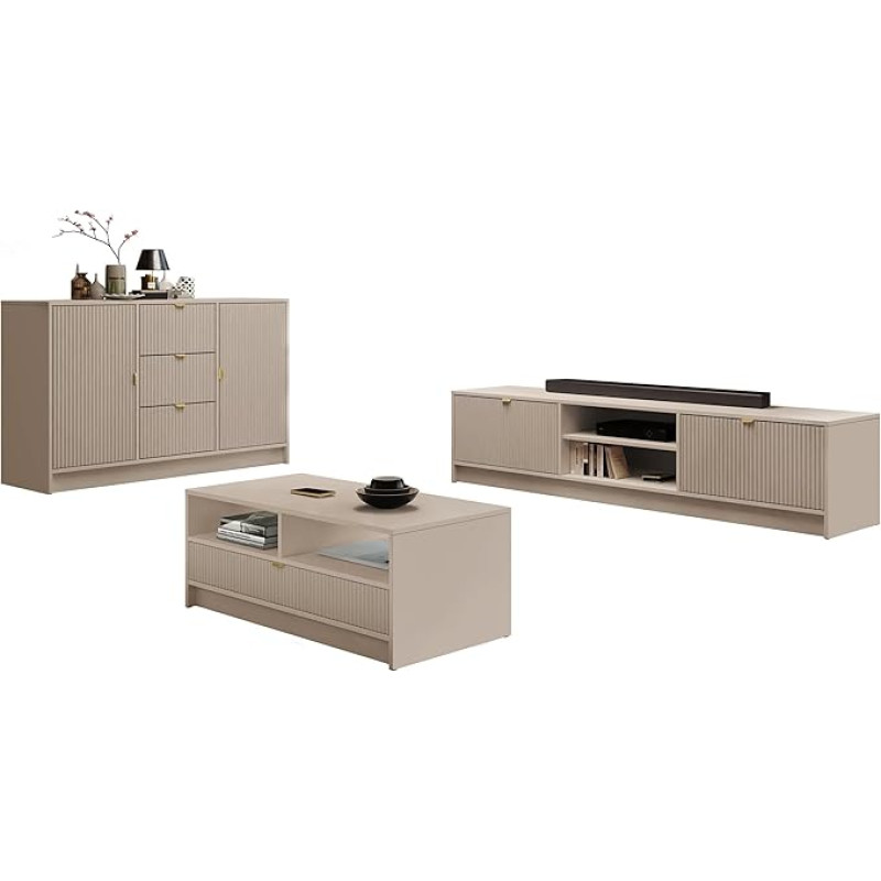 Mirjan24 Tireno I Living Room Set, Add-On Wall, Living Room Cabinet, Cabinet Wall, Ribbed Fronts, in Set: Chest of Drawers, Coffee Table, TV Cabinet (Sand Beige)