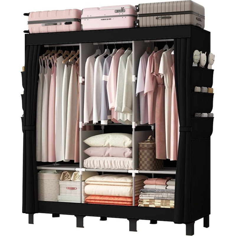 LOEFME Spinta 172 x 130 x 45 cm, skirta miegamajam, pagrindinio dizaino medžiaginė spinta su 2 kabinimo strypais ir 18 šoninių kišenių, medžiaginė spinta, pigi sulankstoma spinta, juoda