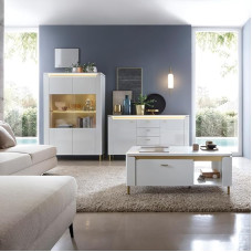 Lomadox Wohnzimmer Set 3-teilig in weiß mit goldfarbenen Akzenten inkl. Beleuchtung