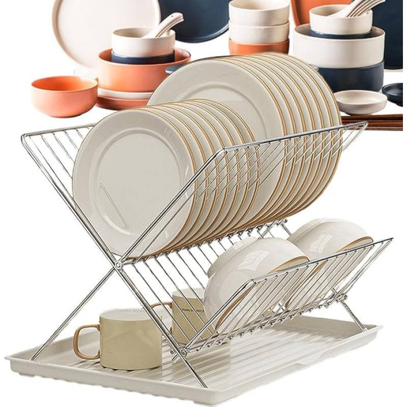 Mbiyhgta Folding Dish Dryer, Foldable Dish Rack - Carbon Steel/Stainless Steel Kitchen Counter Drainer 2 Tier - Removable Water Catcher Tray, Clothes Airer for Kitchen
