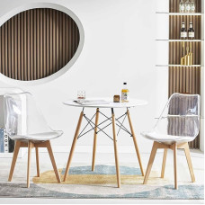 Baldai Valgomojo komplektas 3 dalių valgomojo komplektas Stalas ir kėdės valgomajam Virtuvė Svetainė Baltas stalas + 2 skaidrios kėdės su baltais apmušalais