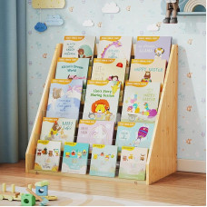 NiHome Bamboo Children's Bookcase, Bookcase for Children's Room, Promotes Reading with Transparent Front Display for Home, Nursery, Nursery, Large Organiser for Easy Book Selection