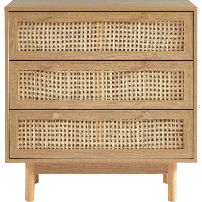 BAÏTA Helena Oak and Rattan Effect Chest of Drawers 3 Drawers Light Oak