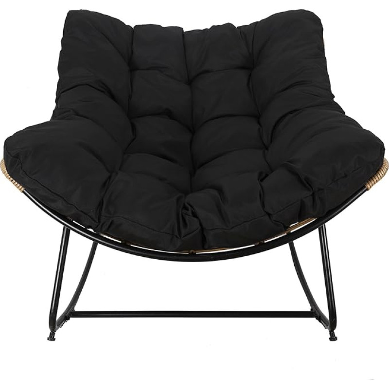 HOME DECO FACTORY OUTDOOR Garden Rocking Chair Tulum Iron Garden Swing Padded Seat Rattan Effect UV Resistant Black Fauteuil à Bascule