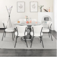LONXIU Dining Room Chairs, Set of 6, Modern Kitchen Chairs, Upholstered Chairs with Backrest, Black Metal Legs, Armless Dining Chairs, Faux Leather Dining Chair, White